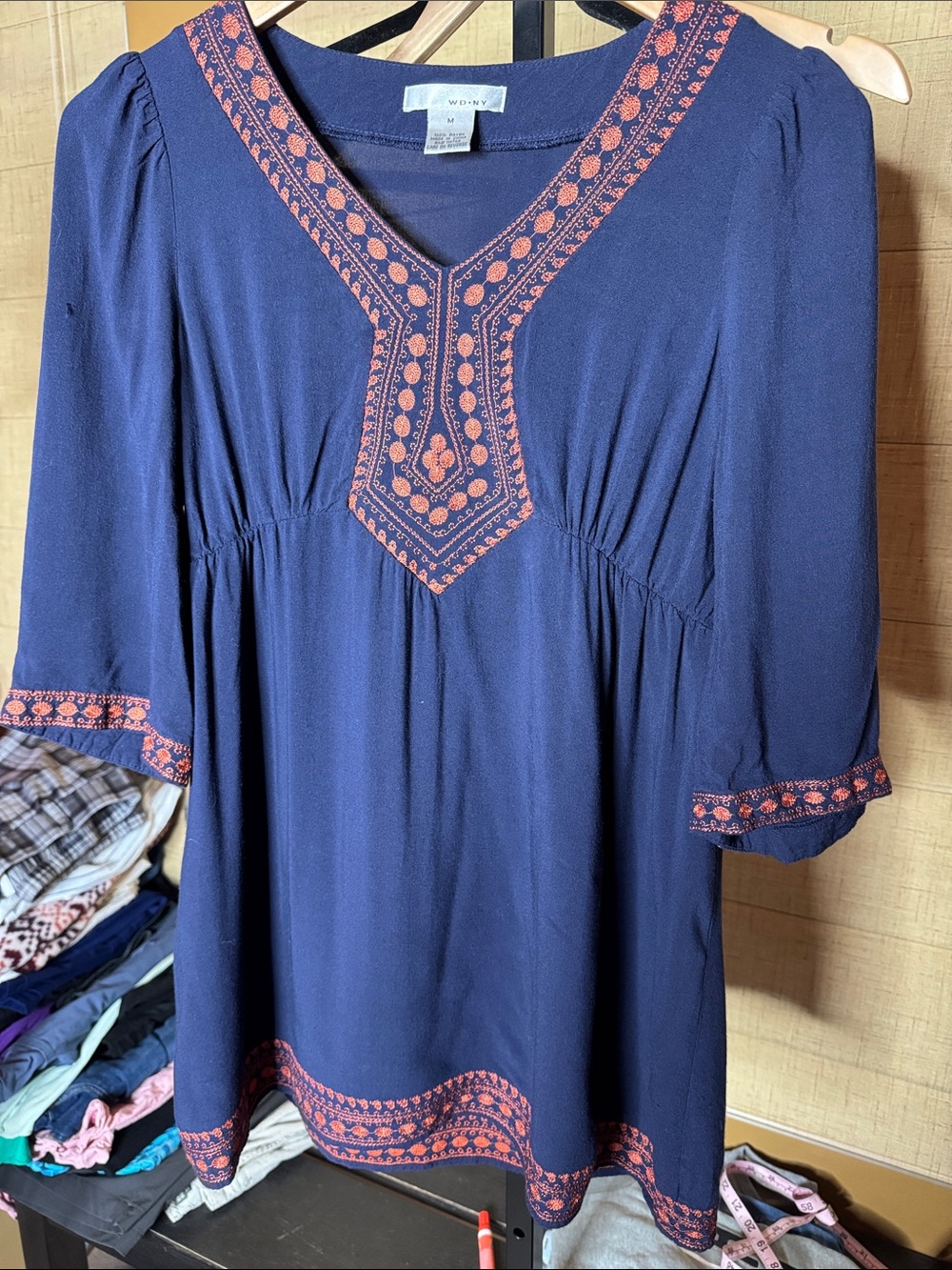 WD NY Navy Embroidered Boho Tunic Top Medium Rayon Peasant Festival Blouse - Picture 3 of 9